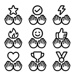 Obraz premium High Five Icon Set. Solid, filled icon set of high five symbols: star, check mark, lightning bolt, fire, smile, thumbs up, heart,