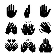 Obraz premium High Five Icon Set. Solid, filled icon set of high five gestures: open palm, side view hand, hand with motion lines, joined hands,