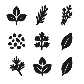 Herbs Icon Grid. Solid, filled icon set of herbs and seasonings: basil leaf, rosemary sprig, thyme bunch, oregano flakes, parsley