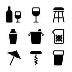 Home Bar Icon Set. Solid, filled icon set of building a home bar: wine bottle, cocktail shaker, wine glass, bar stool, liquor