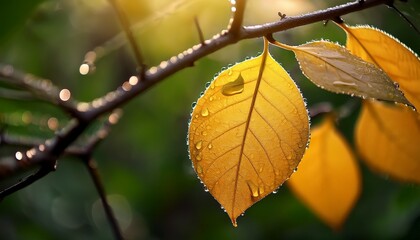 Obraz premium macro close up of a yellow leaf covered in tiny dew drops on a branch with green leaves in the background creating a beautiful natural scene with a blurred bokeh effect