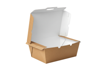 Open empty brown cardboard food box with a white interior. Isolated on transparent background, png