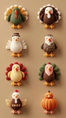 Colorful felt turkeys and birds displayed on a beige wall for seasonal decorations in autumn