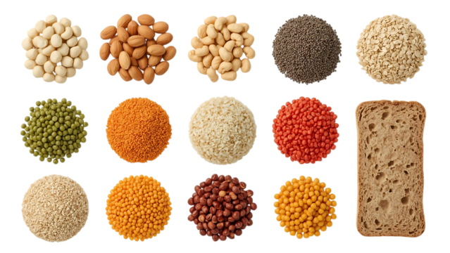 Assortment of grains and legumes isolated on transparent background