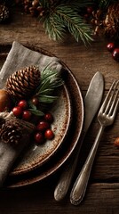 Festive table setting with rustic plates and natural decorations for a cozy holiday meal in a warm atmosphere