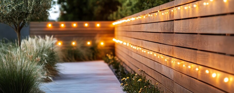 Horizontal Wood Fence With String Lights and Landscaping, outdoor , garden