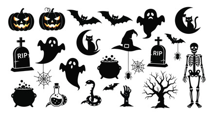 Obraz premium Spooky Halloween creatures and symbols including pumpkins ghosts bats cats witches hats tombstones spiders snakes cauldrons potions and a skeleton