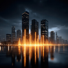A futuristic city skyline at night with tall skyscrapers and glowing orange light beams reflecting on the water surface.