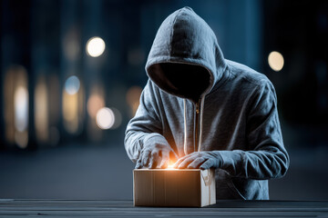 A hooded figure with a hidden face opens a glowing box at night, evoking mystery and suspense in a dimly lit urban setting.