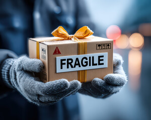 A person wearing gray gloves holds a small wrapped package labeled "FRAGILE" with a golden ribbon in a blurred urban night setting.
