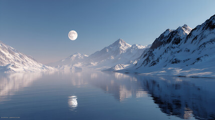 Serene mountain lake reflecting a full moon in a snowy landscape, capturing nature's peace and beauty.