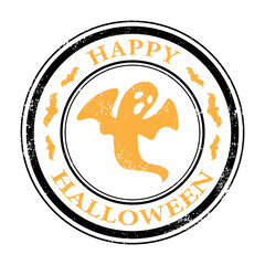 A grunge circle stamp with ghost and happy halloween text
