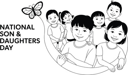 National Son and Daughters Day illustration, happy children group, black and white cartoon, kids celebration, joyful friendship, holiday event, cute art
