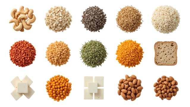 Assortment of grains and nuts isolated on transparent background