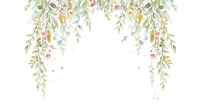 Delicate watercolor floral archway with cascading greenery and soft pastel flowers