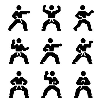 Karate Kata Icons Grid. Solid, filled icon set of karate kata: heian, bassai, nijushiho, jion, tekki, enpi, kanku dai, jitte,