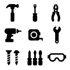 Obraz premium Kitchen Renovation Tools Icons. Solid, filled icon set of kitchen renovation tools: hammer, screwdriver, pliers, drill, tape