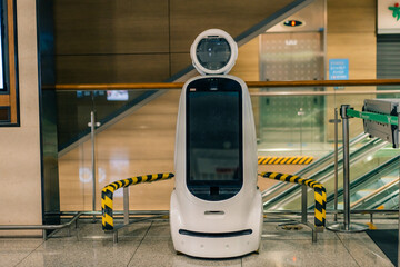 Seoul, South Korea - 16 may 2025 airport cleaning robot in main hall of Incheon airport.