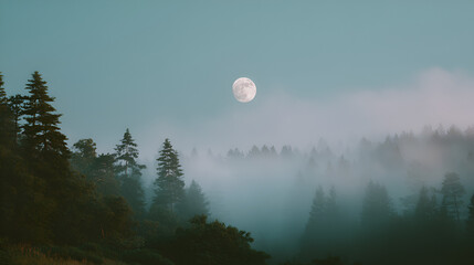 Fototapeta premium Moonlit Forest: Misty peaks and towering trees under a full moon's ethereal glow create a serene landscape.
