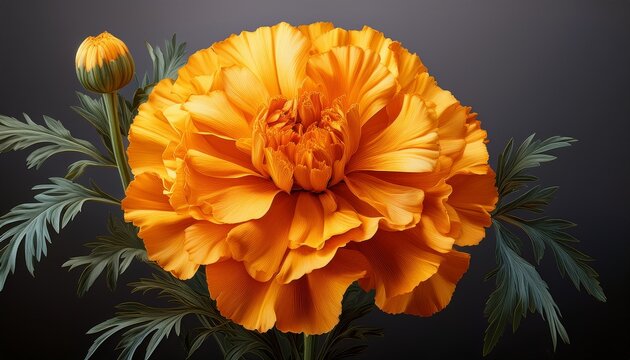 classic botanical study of a blooming marigold with ruffled petals and subtle gradients