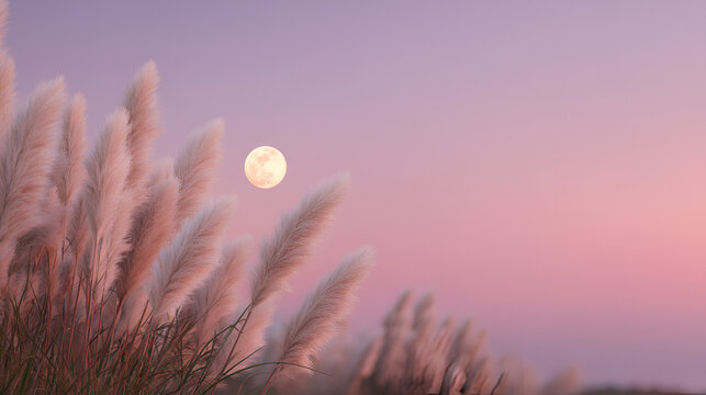 Tranquil scene of pampas grass with a full moon under a purple and pink sky during twilight hours.