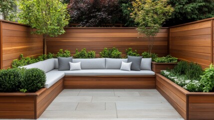 Modern Garden Retreat Wood Panel Walls, Built-in Seating and Lush Greenery, backyard , landscaping