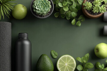 Top view fitness background in green tones featuring gym equipment and accessories arranged flat lay style. Perfect for workout promotions, health campaigns, and sports branding