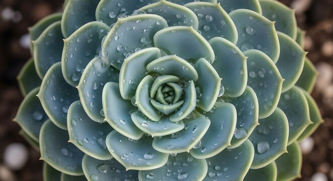 Echeveria elegans Succulent Covered in Morning Dew, Blue Green Hen and Chicks Plant with Water Droplets