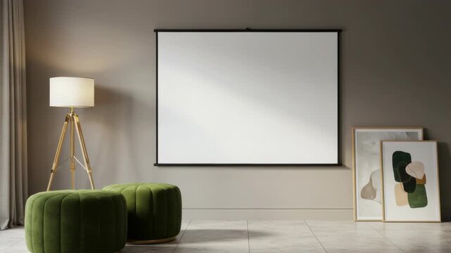 Interior with video mockup and minimalist decor in contemporary home. Video mockup features screen on gray wall, floor lamp, and art.