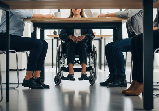 Woman in a wheelchair at a business meeting surrounded by colleagues, emphasizing inclusivity, diversity, and professional collaboration.