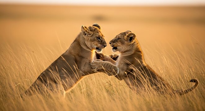 Two energetic young lion cubs playfully sparring in the golden glow of a savanna sunrise, a beautiful wildlife scene - Powered by Adobe