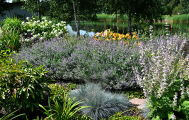 Flower bed with blooming plants near garden pond in a peaceful countryside landscape