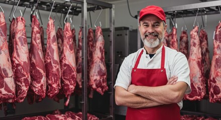 Butcher in a red apron smiling with arms crossed in front of hanging meat, symbolizing fresh meat, professional trade, and traditional butchery.