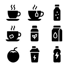 Low-Carb Drinks Icons. Solid, filled icon set of low-carb drinks: black coffee, herbal tea, sparkling water, bulletproof coffee,