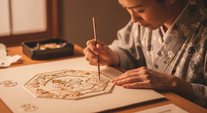 Japanese woman in traditional kimono applying gold leaf to intricate artwork, symbolizing traditional crafts, artistic precision, and cultural heritage.