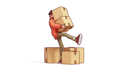 Line art illustration of stylized funny casual delivery guy, fashion clothes, red hooded shirt, jeans, carrying heavy cardboard boxes in his hands, balancing on one leg over parcel on white background