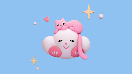 3d rendering of stylized fluffy pink cartoon cat is resting lying on white kawaii cloud with smiling face, eyes, nose, red cheeks floating in air bubbles, yellow stars, heart shape on blue background.