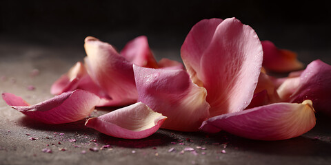Scattered Pink Rose Petals on Dark Surface

