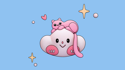 Line art illustration of stylized fluffy pink cartoon cat resting lying on kawaii white cloud with smiling face, mouth, eyes, nose, red cheeks floating in air with stars, heart shape, blue background.
