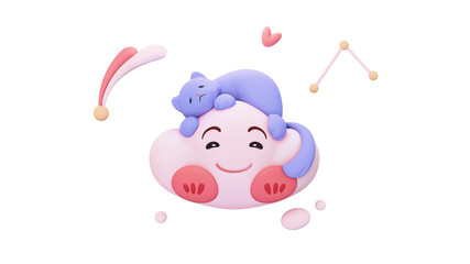 3d rendering of stylized fluffy blue cartoon sleeping cat lying down on kawaii cloud with smiling face, eyes, eyebrows, red cheeks floating in air with bubbles, stars, heart shape on white background.