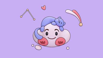 Line art illustration of stylized fluffy blue sleeping cat lying down on white kawaii cloud with smiling face, eyes, eyebrows, red cheeks floating in air bubbles, stars, heart shape, violet background