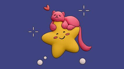 Line art illustration of stylized cute fluffy pink cartoon sleeping cat lying down hugging yellow star with its paws floating in space. Star with smiling face, eyes, red cheeks on dark blue background