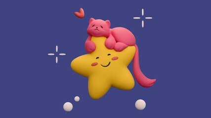 3d rendering of stylized cute fluffy pink cartoon sleeping cat lying down hugging yellow kawaii star with its paws, floating in space. Star with smiling face, eyes, red cheeks on dark blue background.