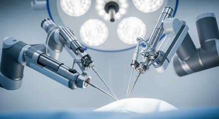 Robotic surgical arms performing a precise operation under sterile lights, symbolizing advanced medicine, automation, and futuristic surgery.