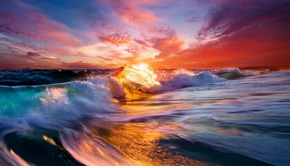 Obraz premium vibrant abstract ocean waves with fiery sunset colors and dynamic movement