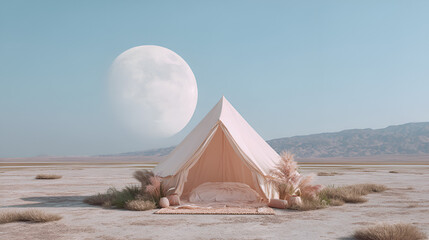 Desert Glamping: A serene tent retreat under a large moon, nestled in a tranquil, arid landscape.