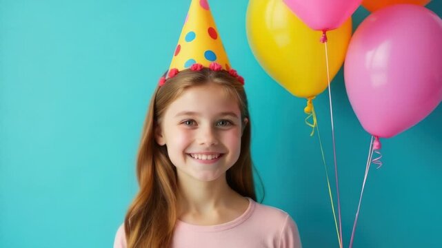 A young girl celebrating with balloons and a festive party hat