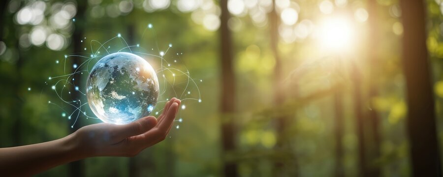 Human hand holds glowing crystal Earth globe with digital network connections against blurred green forest background. Sunlight streams through trees. Concept of global communication, ecology, - Powered by Adobe