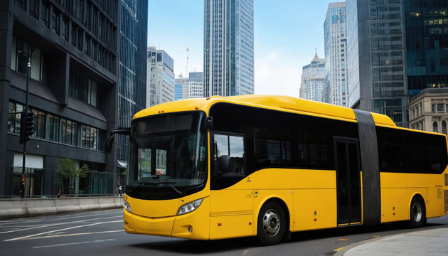 Bright yellow city bus moves along urban street with modern skyscrapers. Daytime scene, clear sky, sunny weather. Transport vehicle on road, public transit infrastructure, city landscape, empty bus.