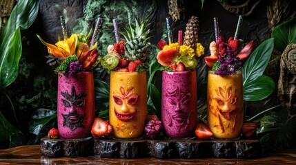 Fototapeta premium Tropical Colorful Smoothies in Unique Carved Glasses on Display